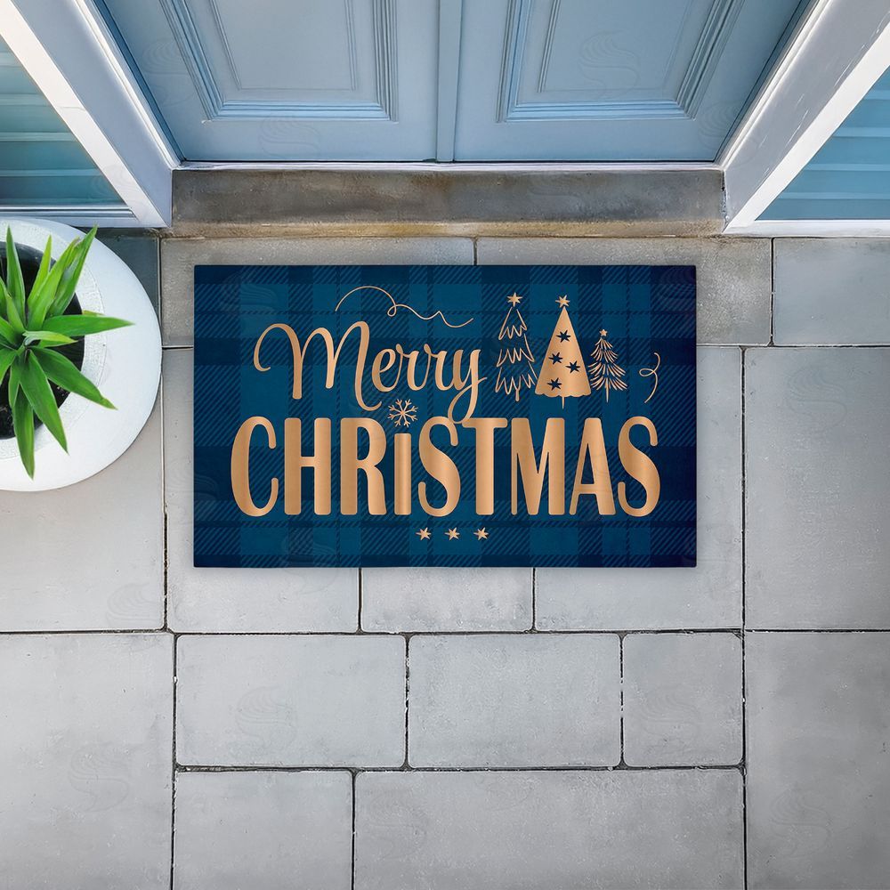 Andrea Jasid Grassi Blue Plaid Merry Christmas Unwoven Outdoor Door Mat