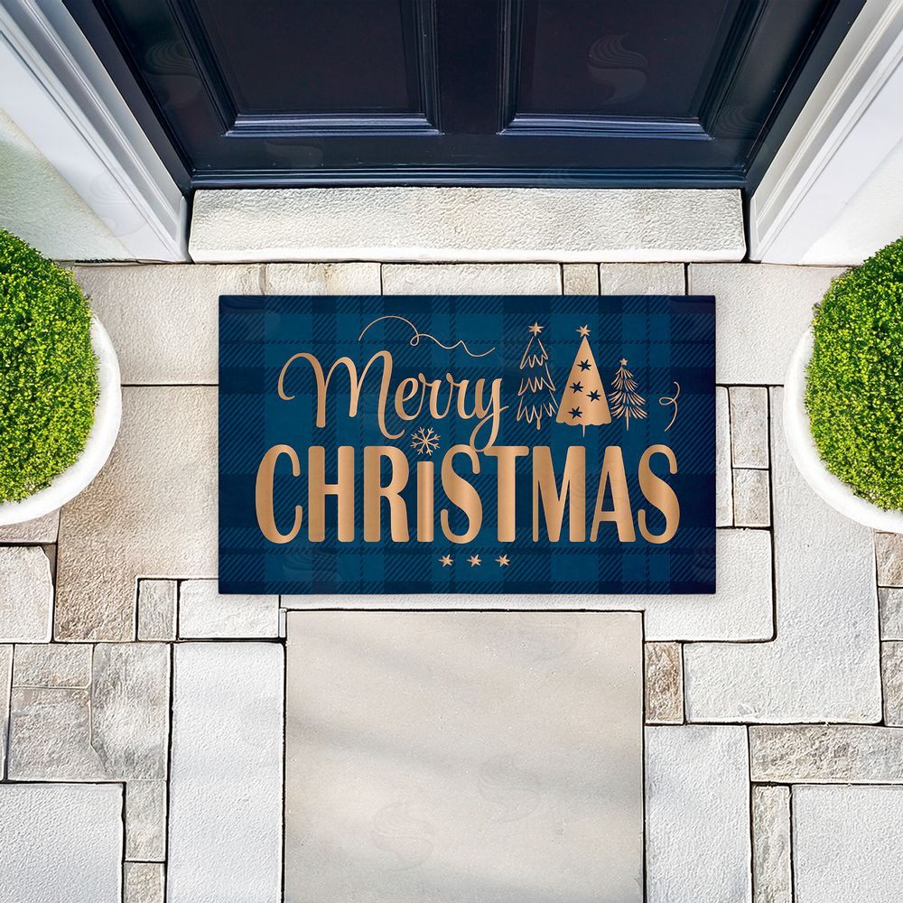 Andrea Jasid Grassi Blue Plaid Merry Christmas Unwoven Outdoor Door Mat