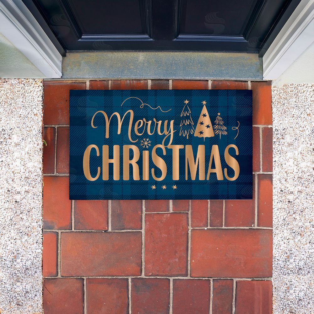 Andrea Jasid Grassi Blue Plaid Merry Christmas Unwoven Outdoor Door Mat