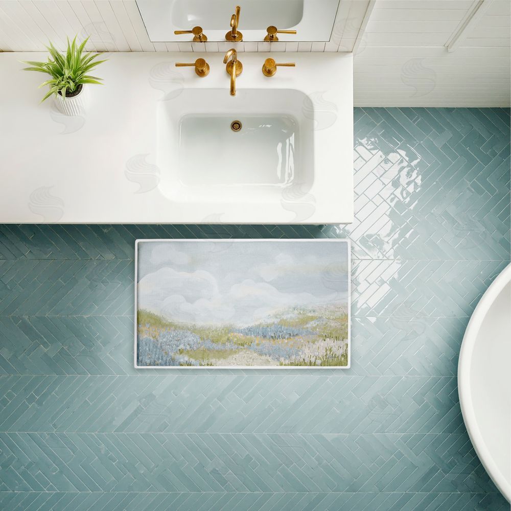 Patricia Pinto Subtle Blue Floral Meadow Plush Bathroom Floor Mat
