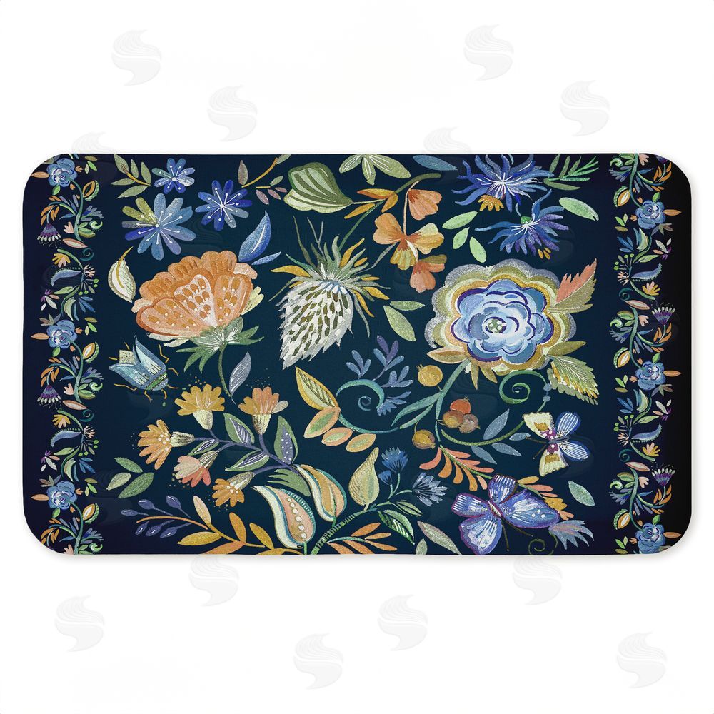 Ani Del Sol Painted Blue Floral on Black Kitchen Floor Mat