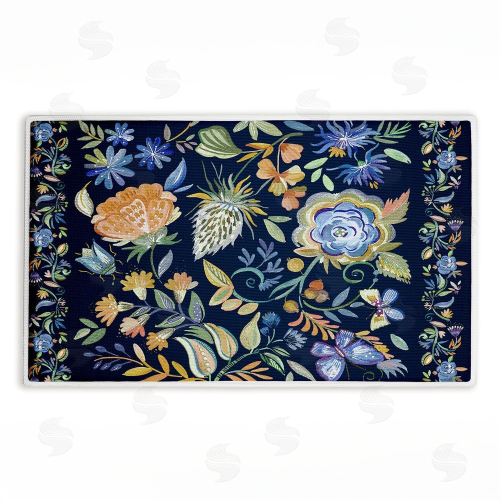 Ani Del Sol Painted Blue Floral on Black Plush Bathroom Floor Mat