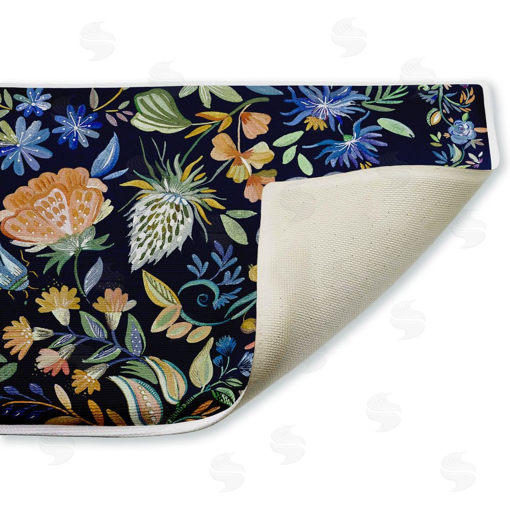 Ani Del Sol Painted Blue Floral on Black Plush Bathroom Floor Mat