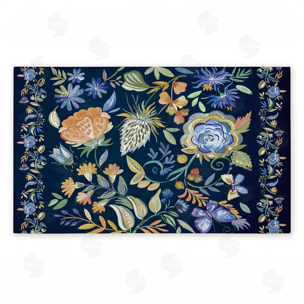 Ani Del Sol Painted Blue Floral on Black Unwoven Outdoor Door Mat