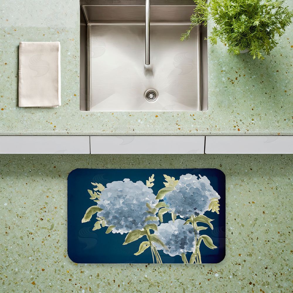 Janice Gaynor Blue Hydrangeas Contrast Kitchen Floor Mat