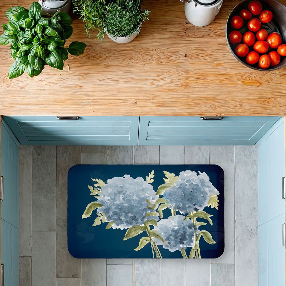 Janice Gaynor Blue Hydrangeas Contrast Kitchen Floor Mat