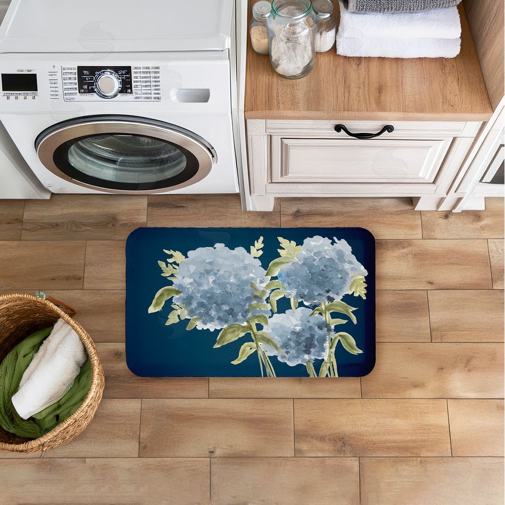 Janice Gaynor Blue Hydrangeas Contrast Kitchen Floor Mat