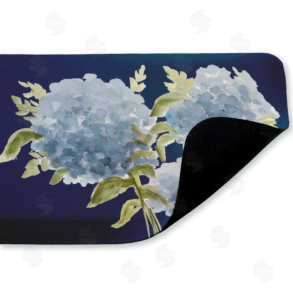 Janice Gaynor Blue Hydrangeas Contrast Kitchen Floor Mat