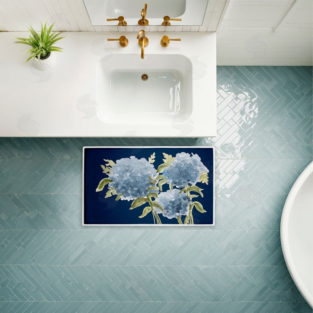 Janice Gaynor Blue Hydrangeas Contrast Plush Bathroom Floor Mat