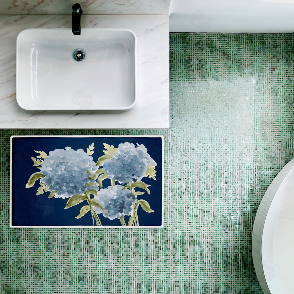Janice Gaynor Blue Hydrangeas Contrast Plush Bathroom Floor Mat