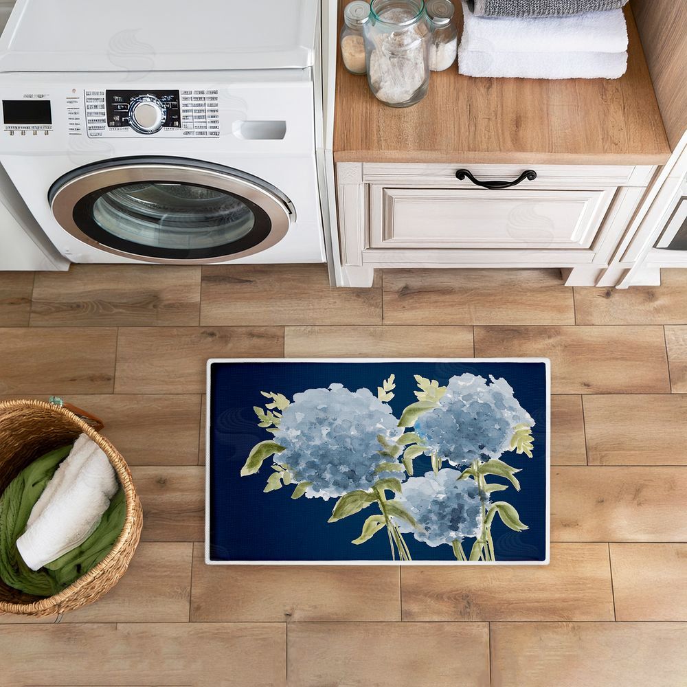 Janice Gaynor Blue Hydrangeas Contrast Plush Bathroom Floor Mat