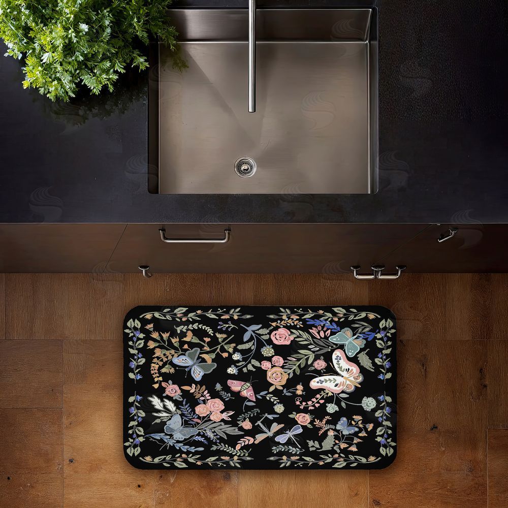 Ani Del Sol Dark Flowers & Garden Friends Kitchen Floor Mat