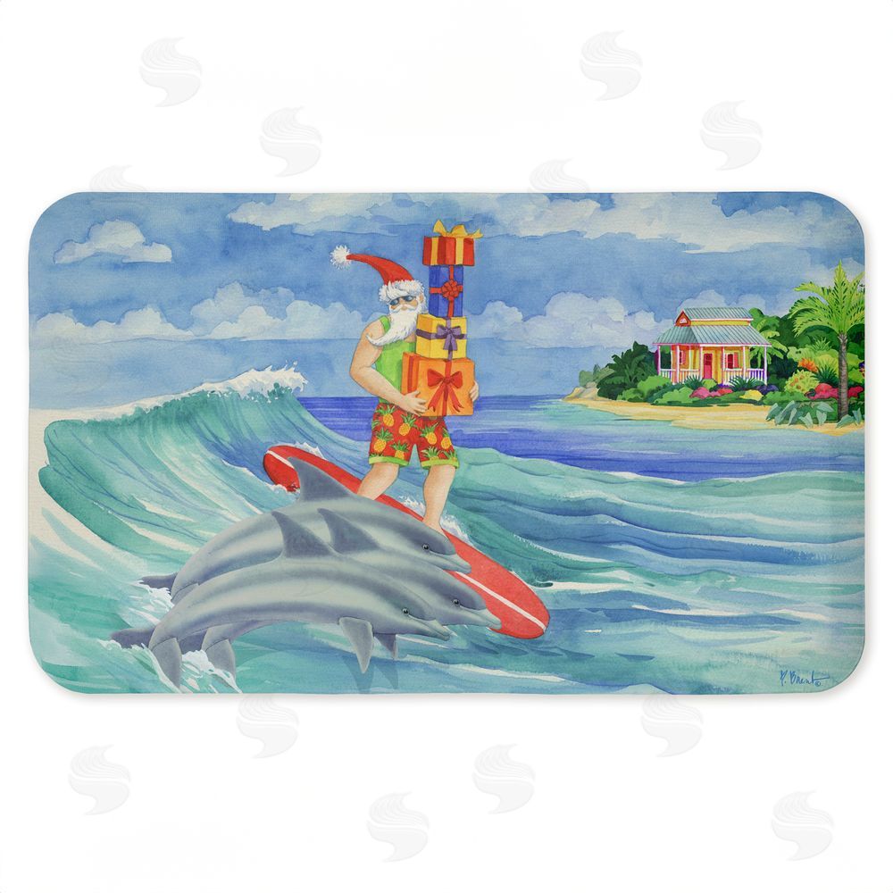 Paul Brent Surfing Santa & Dolphins Kitchen Floor Mat