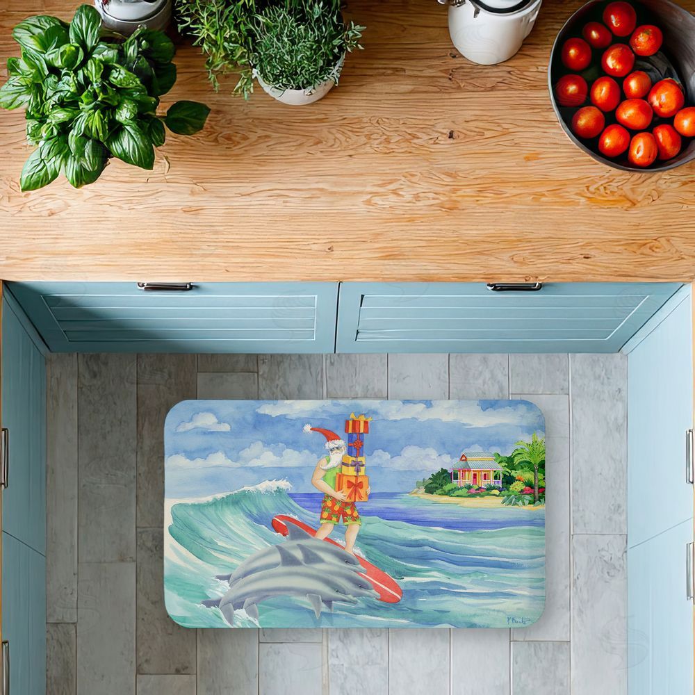 Paul Brent Surfing Santa & Dolphins Kitchen Floor Mat