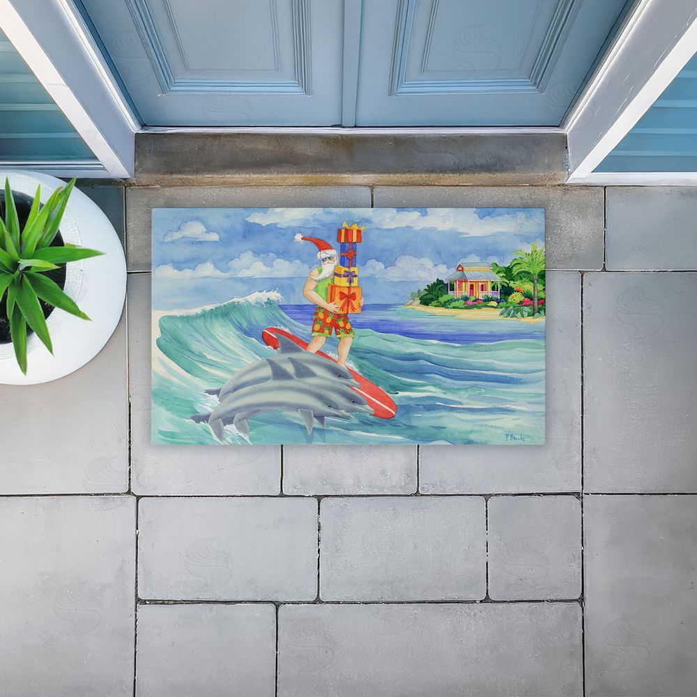 Paul Brent Surfing Santa & Dolphins Unwoven Outdoor Door Mat