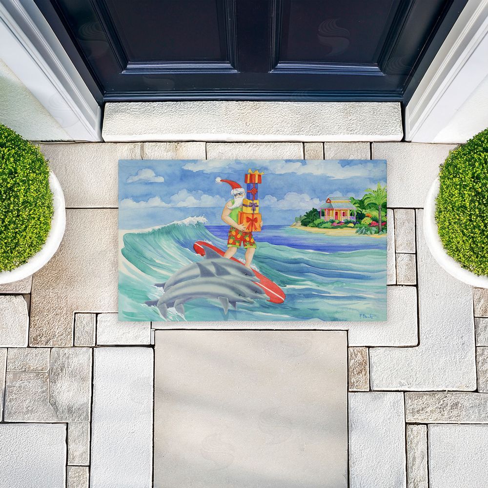 Paul Brent Surfing Santa & Dolphins Unwoven Outdoor Door Mat