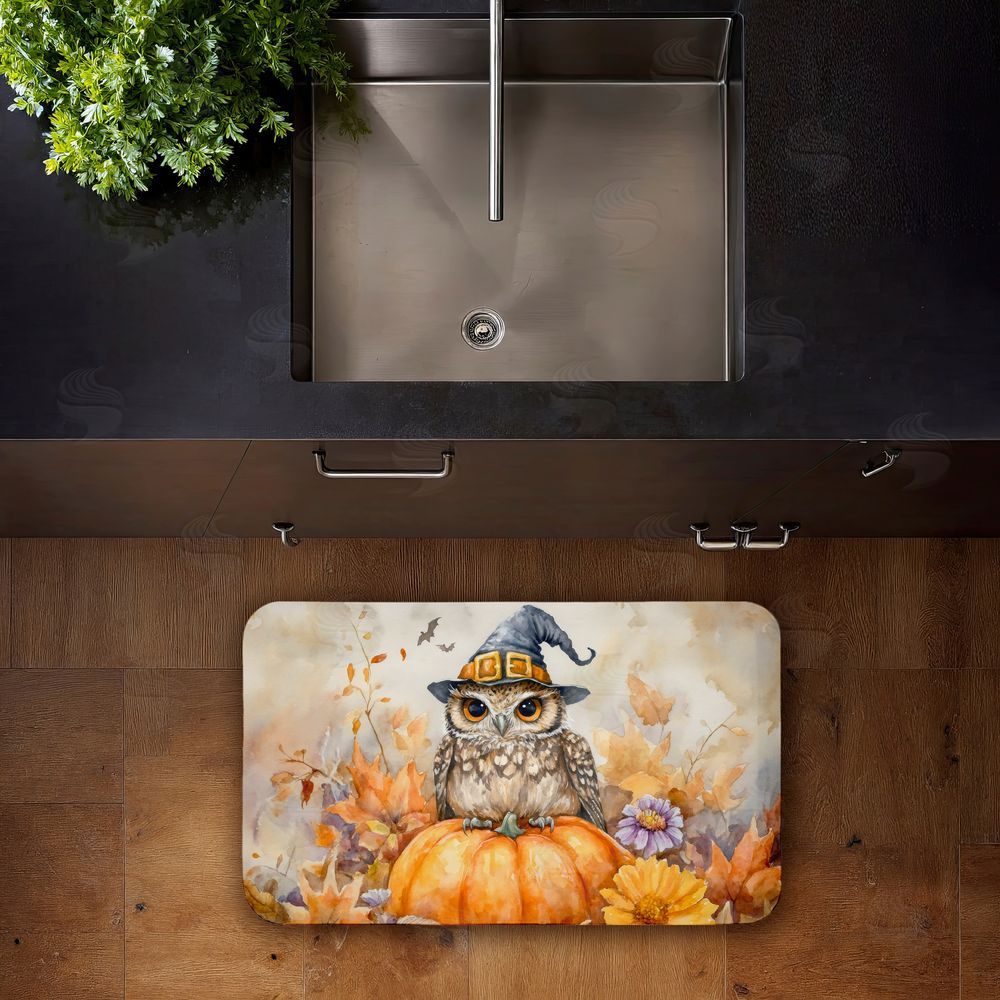 LSR Design Studio Owl Perched on Pumpkin Kitchen Floor Mat