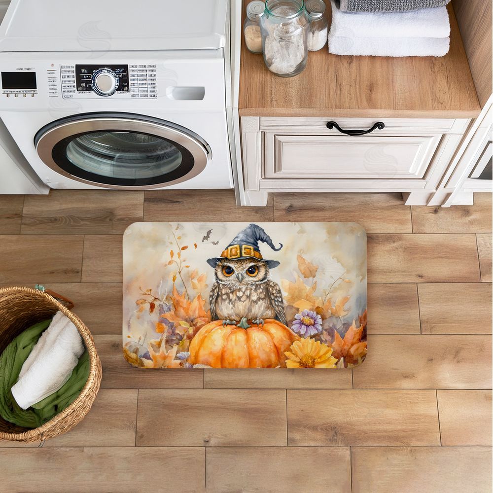 LSR Design Studio Owl Perched on Pumpkin Kitchen Floor Mat