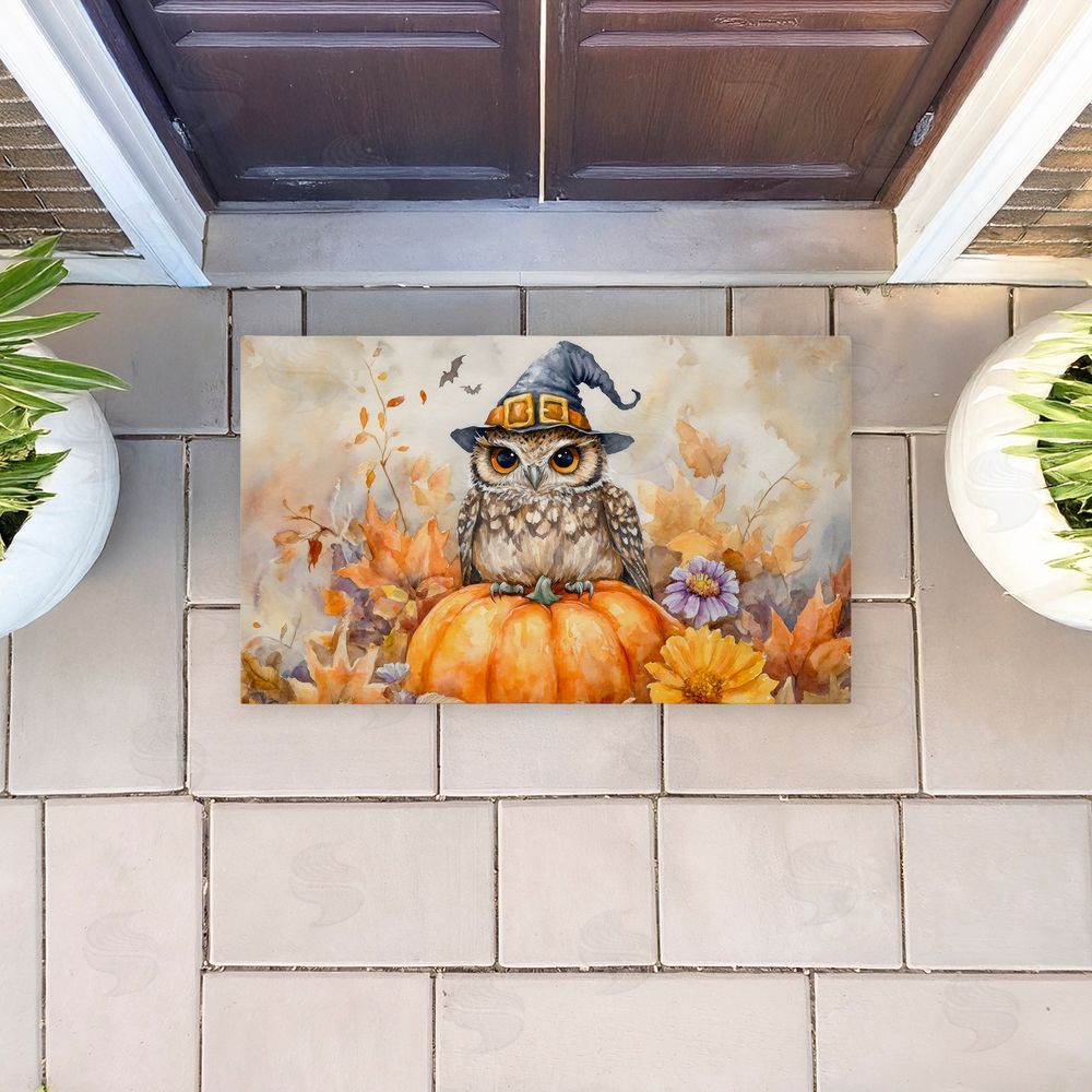 LSR Design Studio Owl Perched on Pumpkin Unwoven Outdoor Door Mat