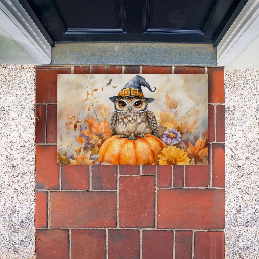 LSR Design Studio Owl Perched on Pumpkin Unwoven Outdoor Door Mat