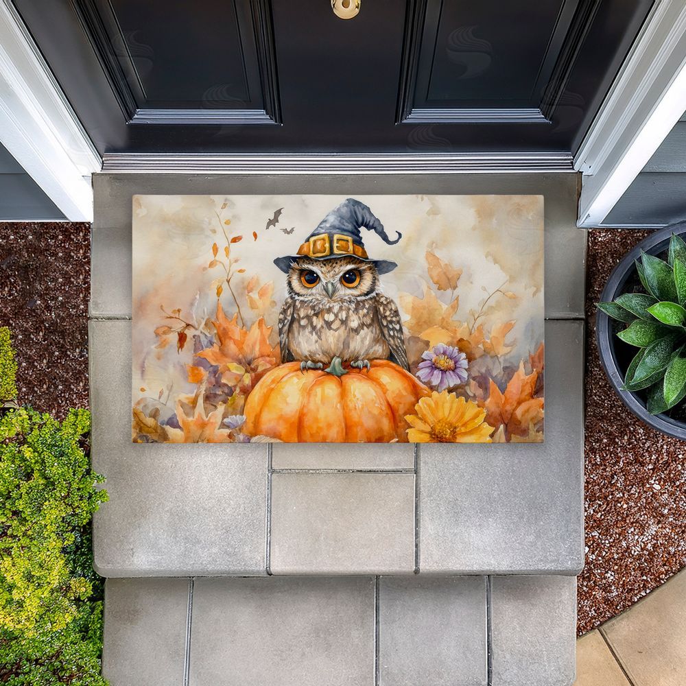 LSR Design Studio Owl Perched on Pumpkin Unwoven Outdoor Door Mat