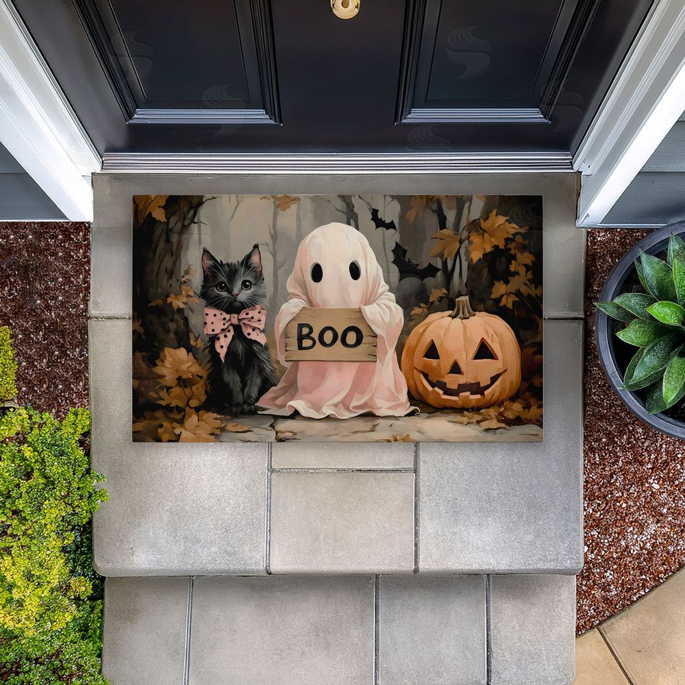 Arlington Prints Cute Halloween Ghost & Kitten Unwoven Outdoor Door Mat