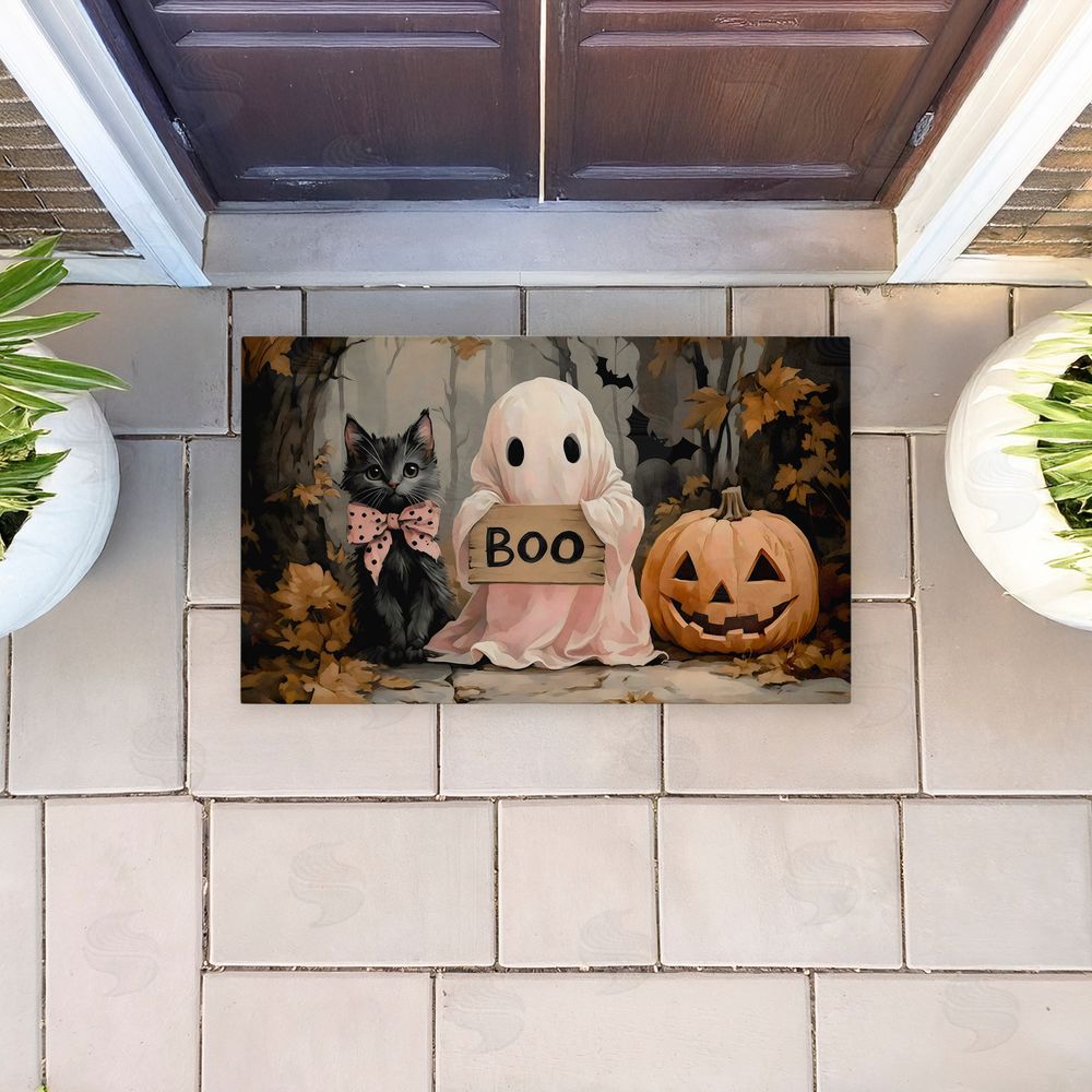 Arlington Prints Cute Halloween Ghost & Kitten Unwoven Outdoor Door Mat