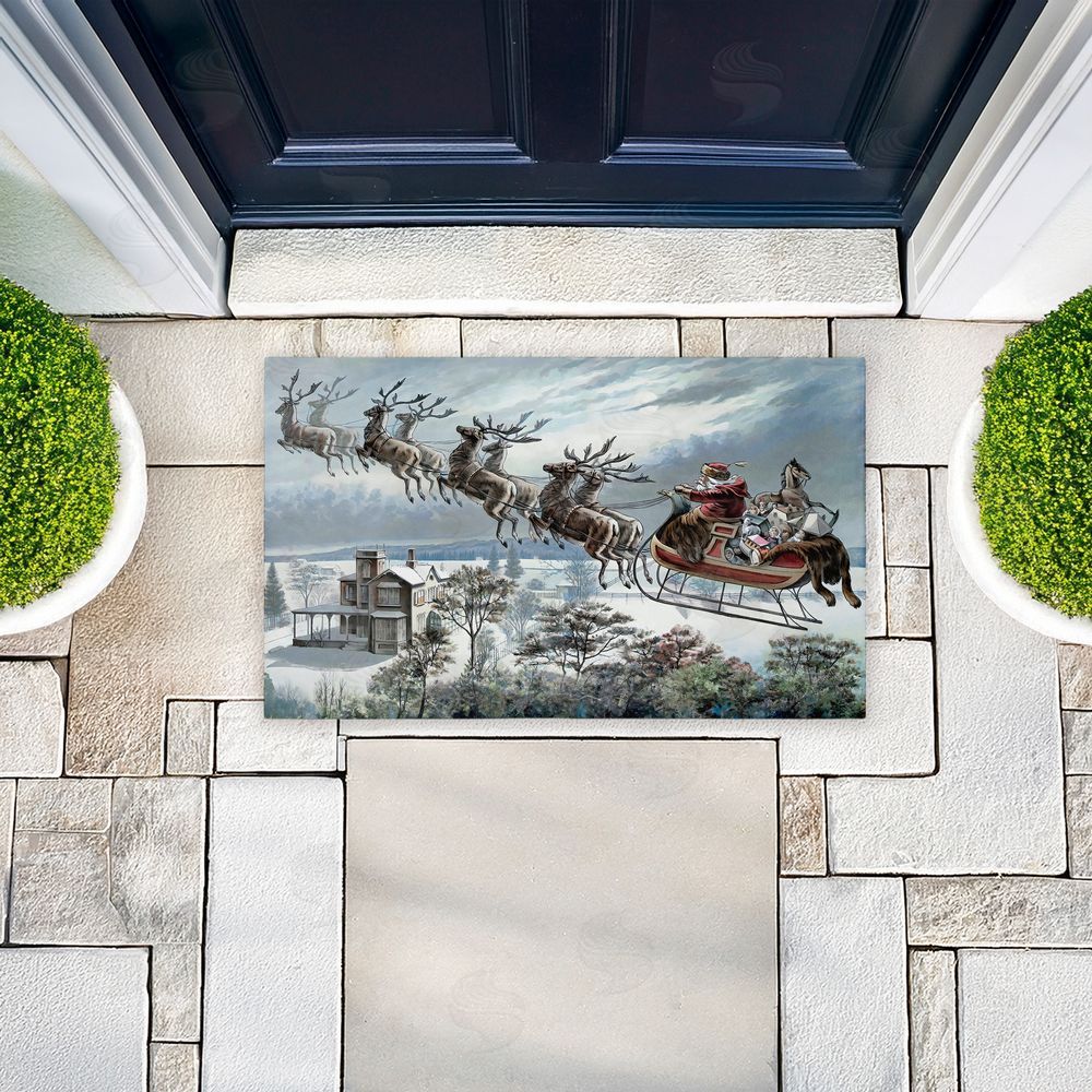 Arlington Prints Santa Sleigh Over Cabin Unwoven Outdoor Door Mat