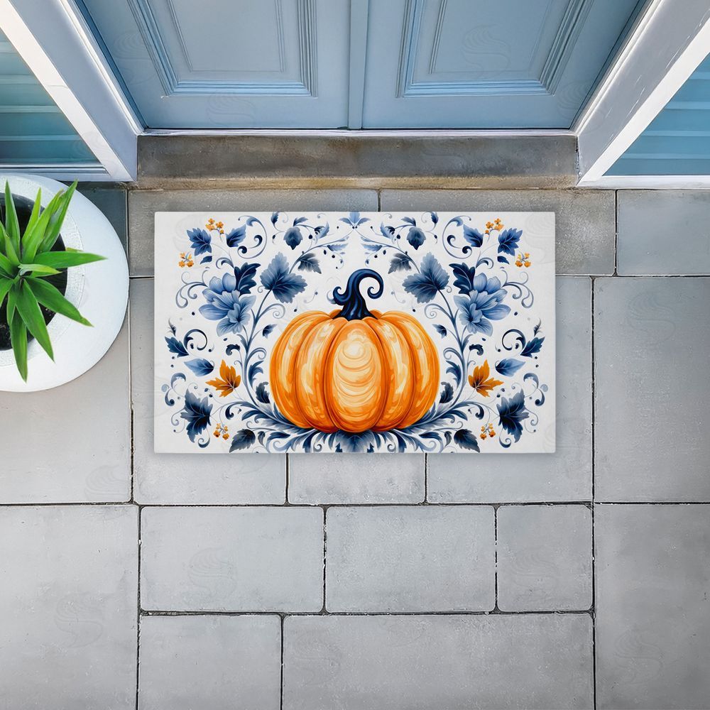 Creative Studio Pumpkin with Symmetrical Florals Unwoven Outdoor Door Mat