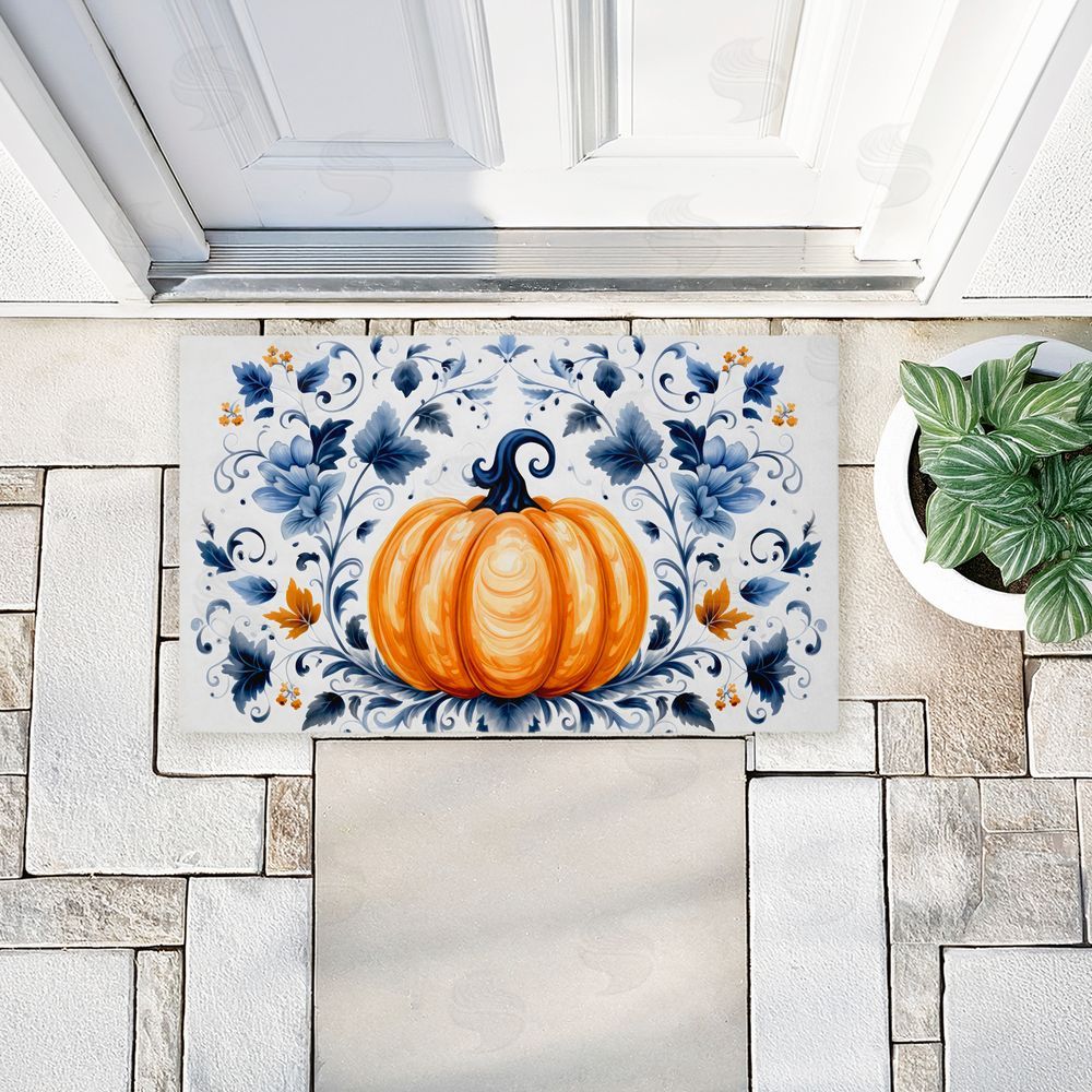 Creative Studio Pumpkin with Symmetrical Florals Unwoven Outdoor Door Mat