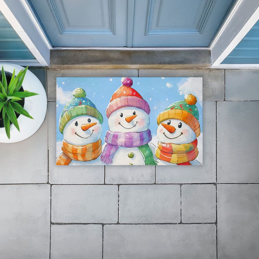 Petal Prints Design Happy Snowmen Trio Unwoven Outdoor Door Mat
