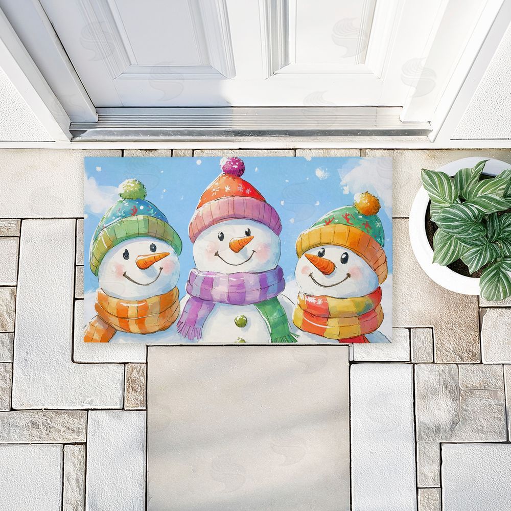 Petal Prints Design Happy Snowmen Trio Unwoven Outdoor Door Mat