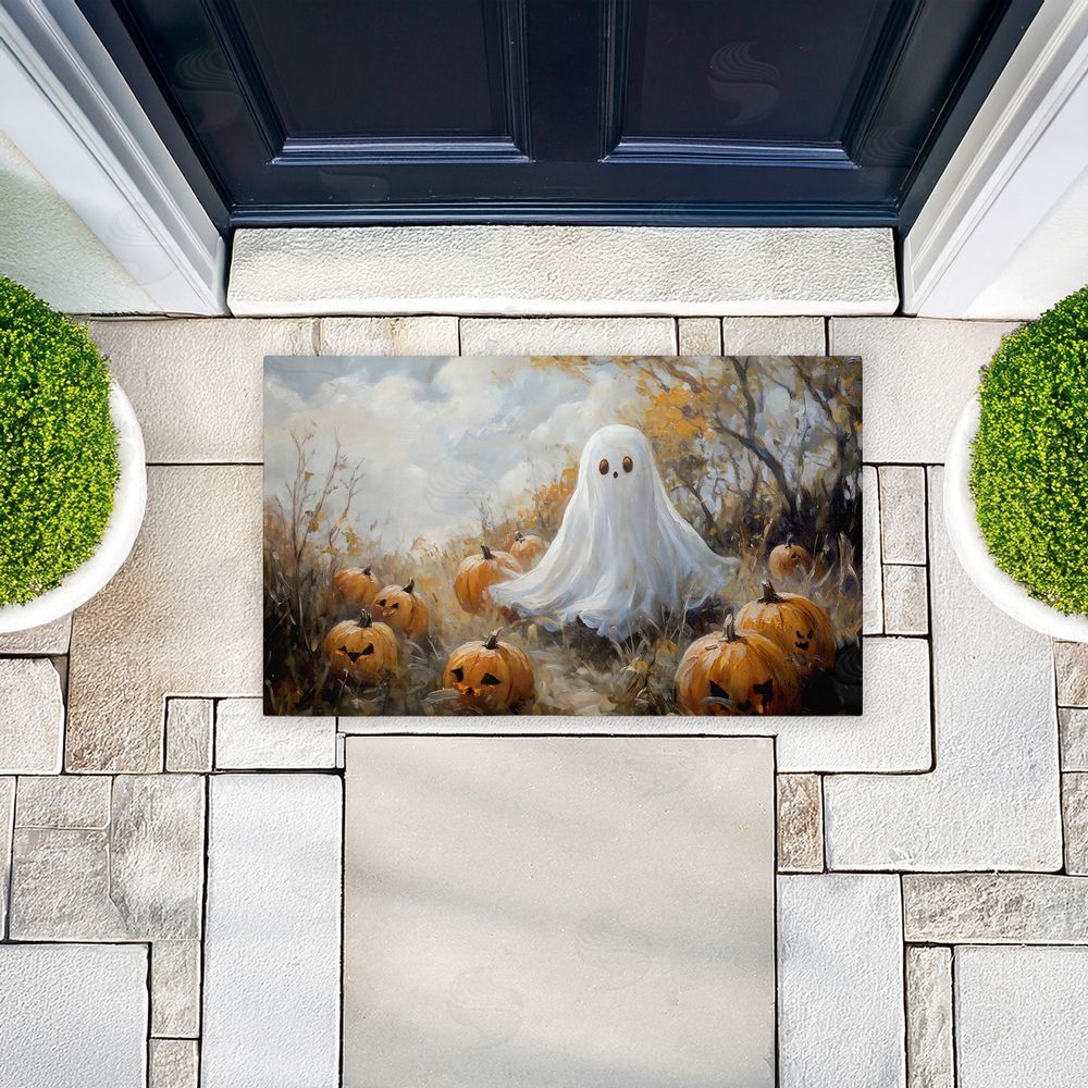 Creative Studio Ghost in Field of Pumpkins Unwoven Outdoor Door Mat