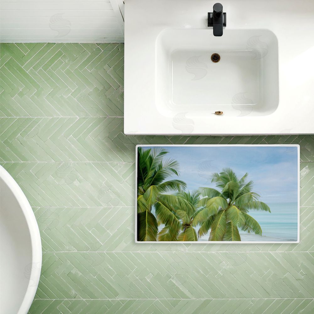Seven Trees Design Tropical Palms Overlooking Ocean Plush Bathroom Floor Mat