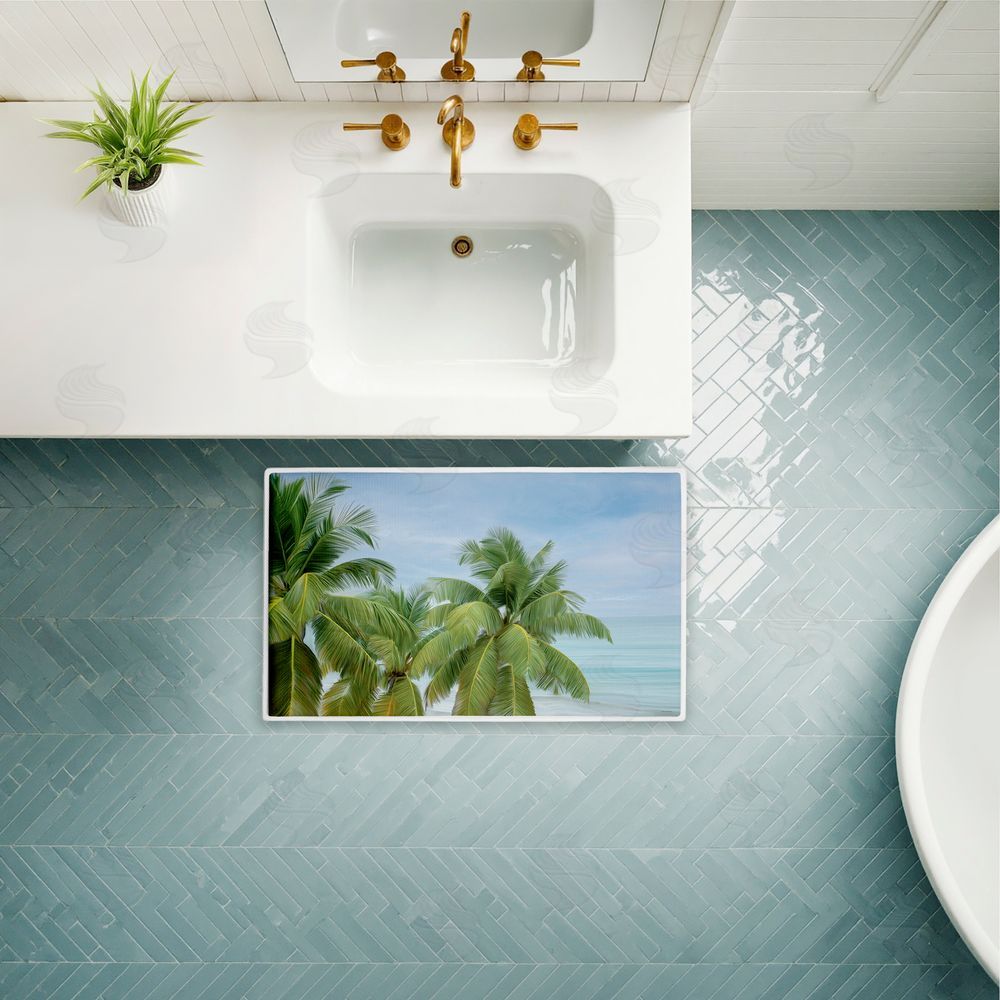 Seven Trees Design Tropical Palms Overlooking Ocean Plush Bathroom Floor Mat