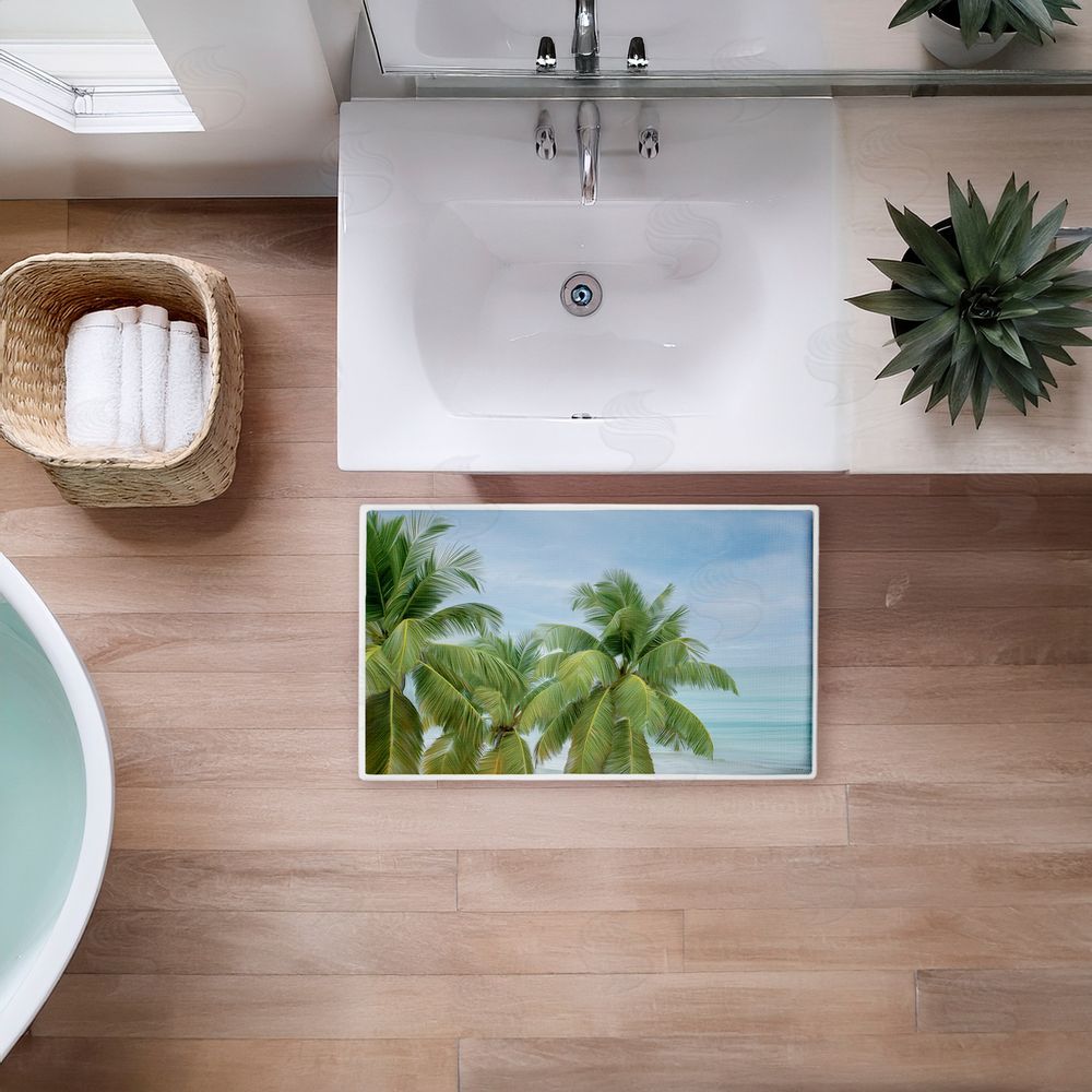 Seven Trees Design Tropical Palms Overlooking Ocean Plush Bathroom Floor Mat