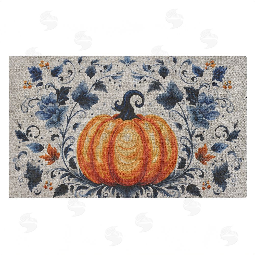 Creative Studio Pumpkin With Blue Floral Background Outdoor Faux Sisal Door Mat