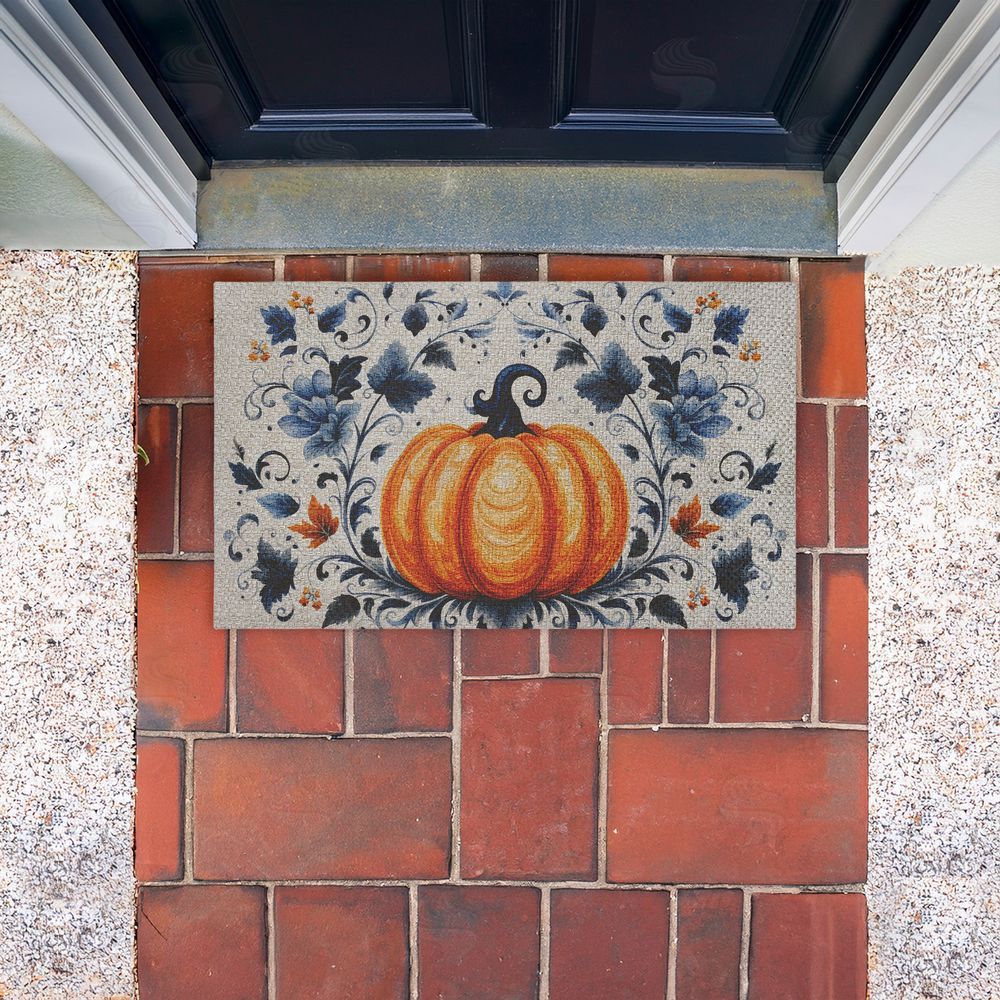 Creative Studio Pumpkin With Blue Floral Background Outdoor Faux Sisal Door Mat