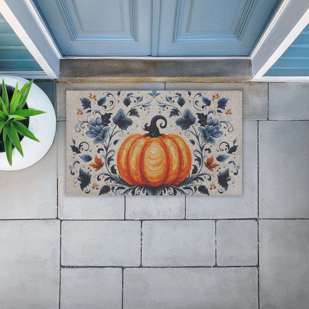 Creative Studio Pumpkin With Blue Floral Background Outdoor Faux Sisal Door Mat