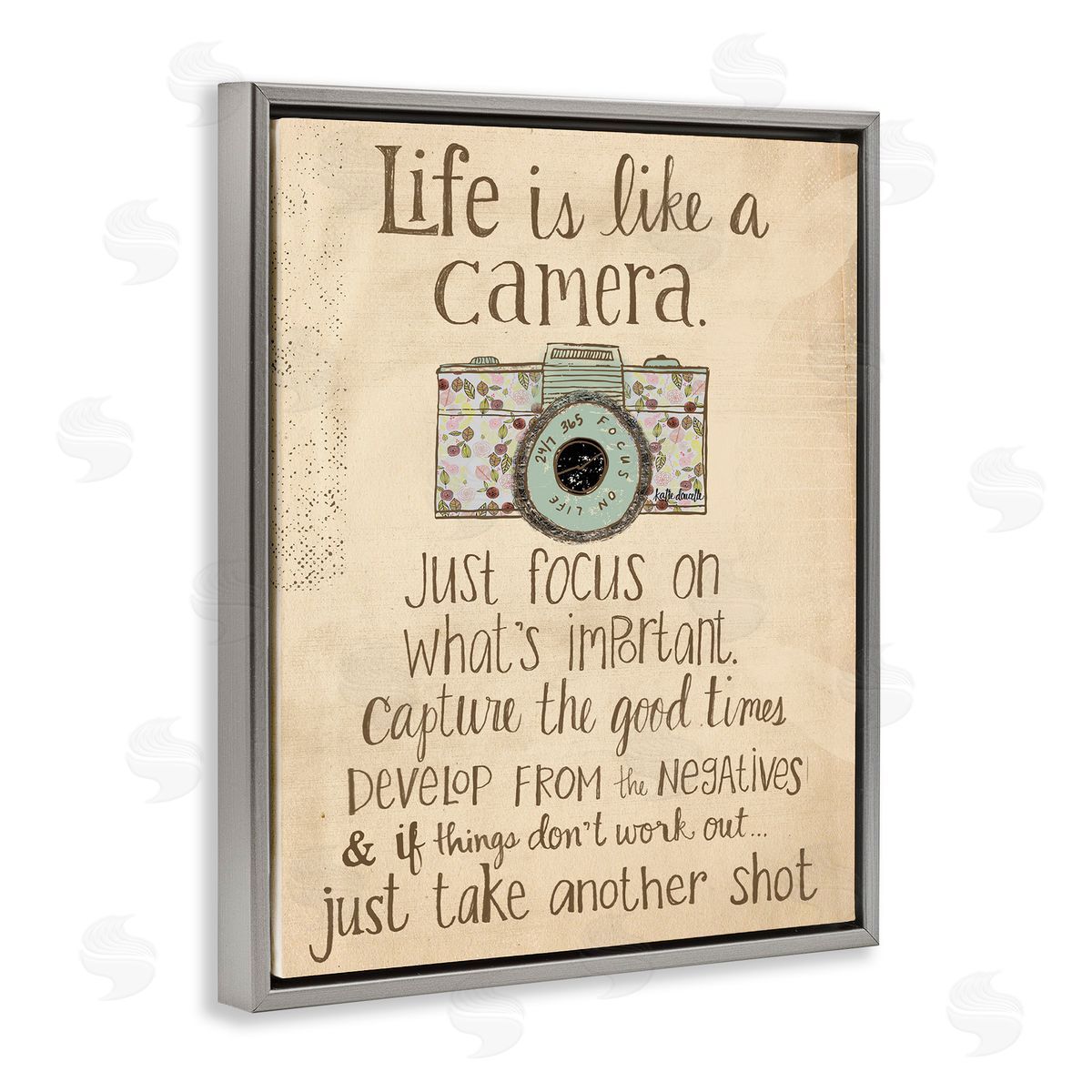 Life Is Like A Camera Inspirational Grey Floating Frame Canvas Wall Art, Home Decor by Katie Doucette