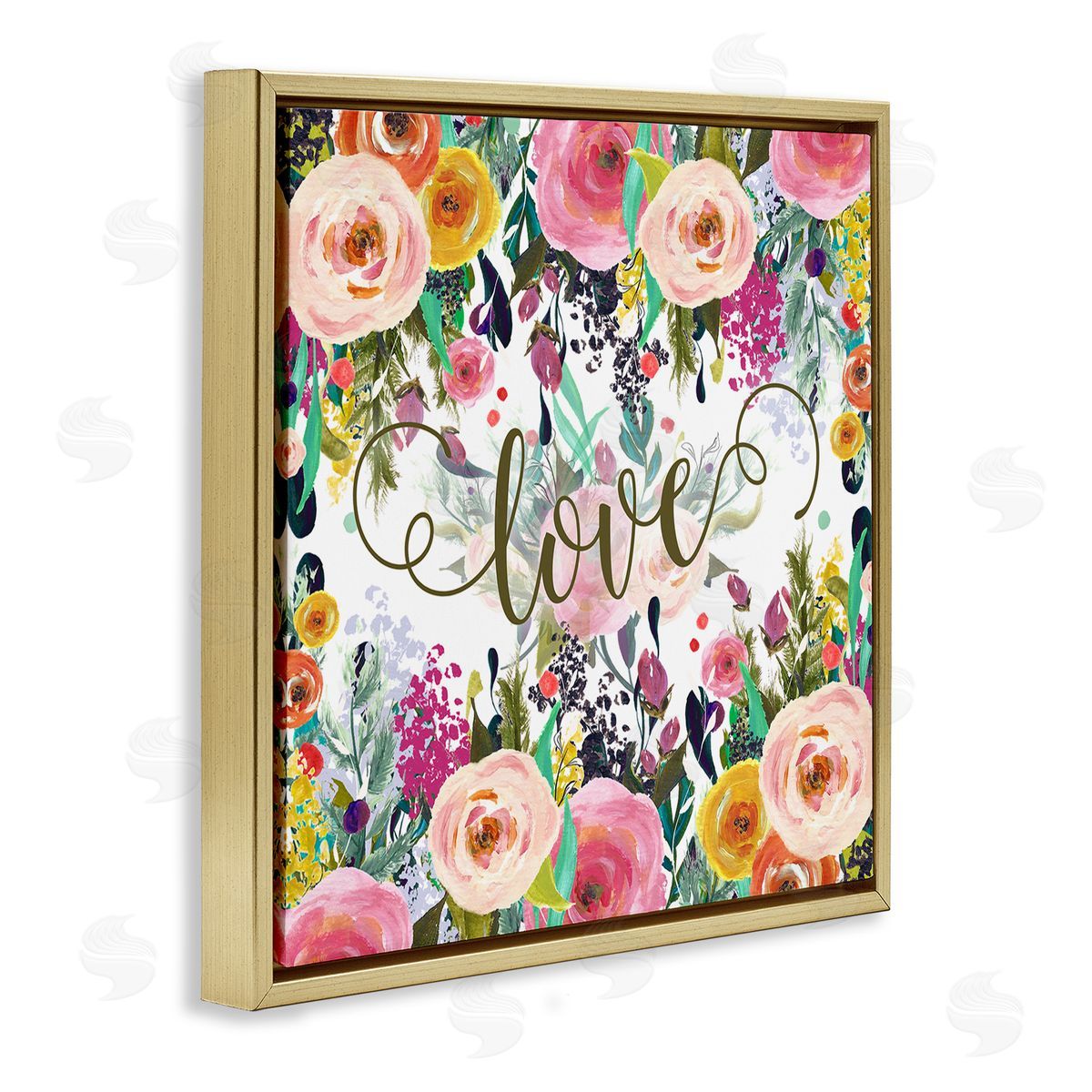Elegant Love Floral Pattern Gold Floating Frame Canvas Wall Art, Home Decor by Tara Moss