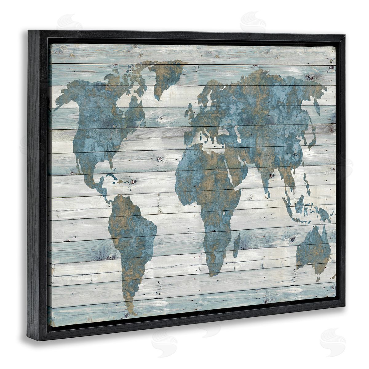 Slate Blue & Tan World Map Black Floating Frame Canvas Wall Art, Home Decor by Jamie MacDowell