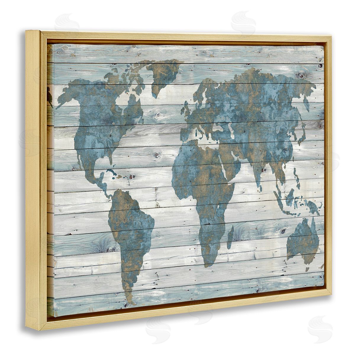 Slate Blue & Tan World Map Gold Floating Frame Canvas Wall Art, Home Decor by Jamie MacDowell