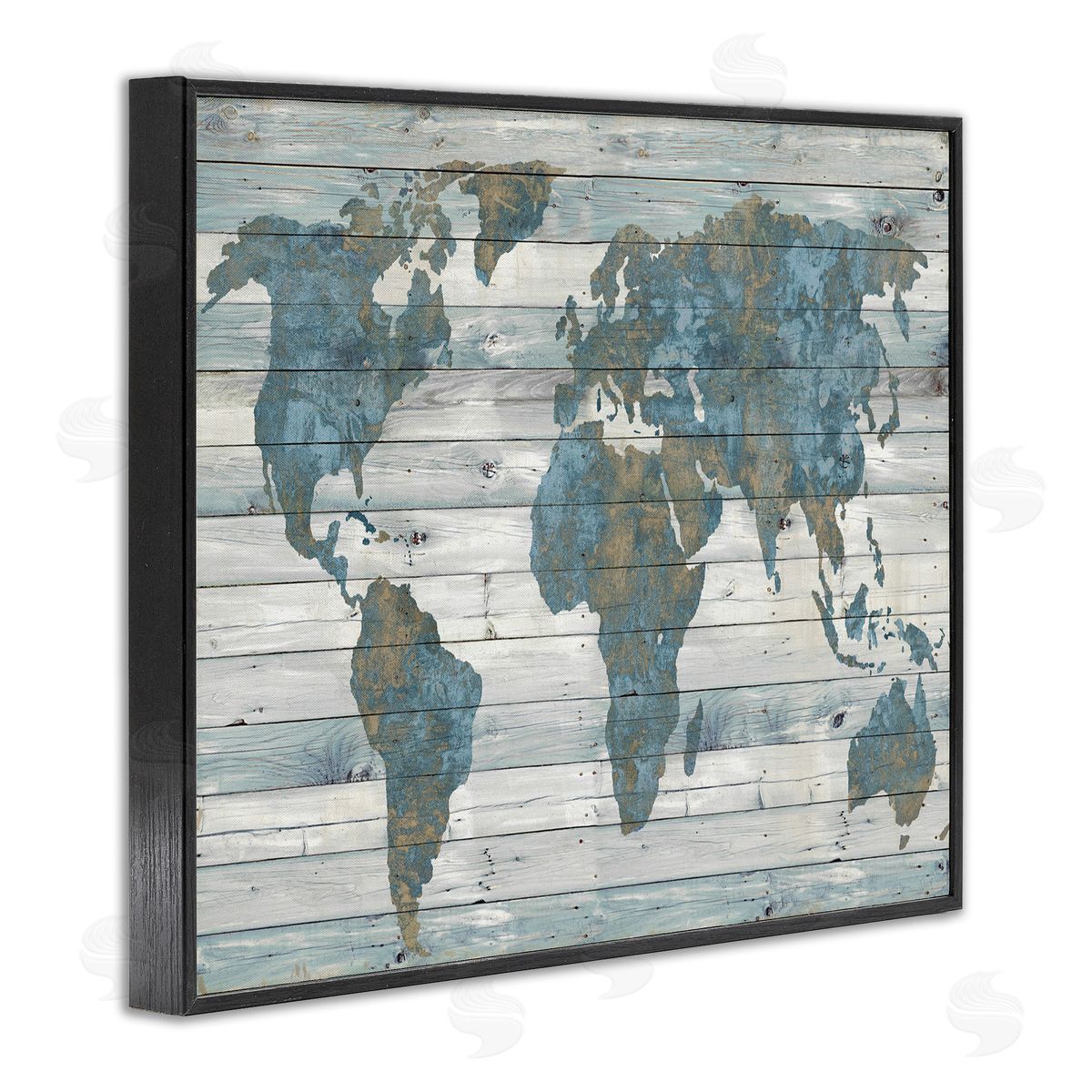 Slate Blue & Tan World Map Black Frame Print Wall Art, Home Decor by Jamie MacDowell