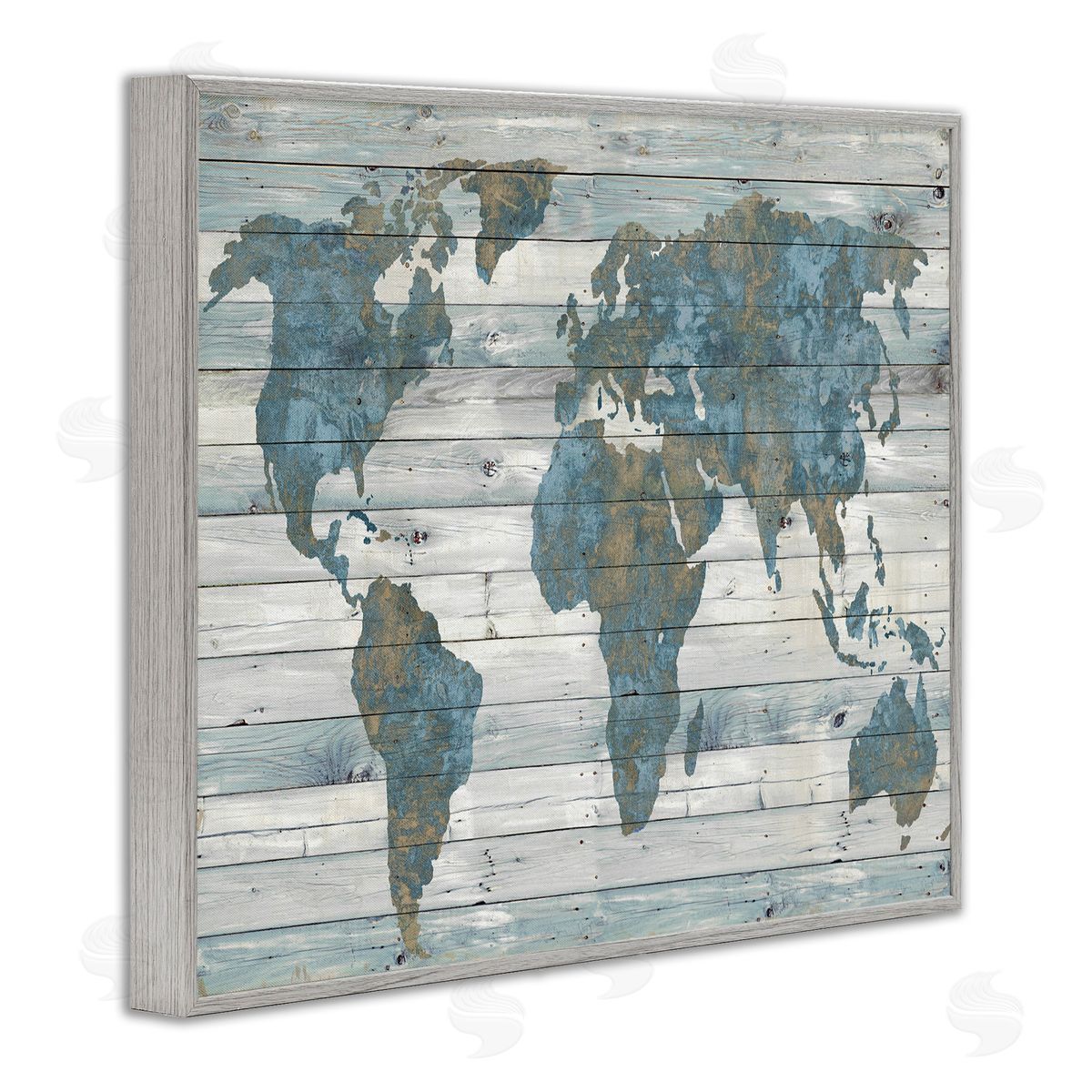 Slate Blue & Tan World Map Grey Frame Print Wall Art, Home Decor by Jamie MacDowell
