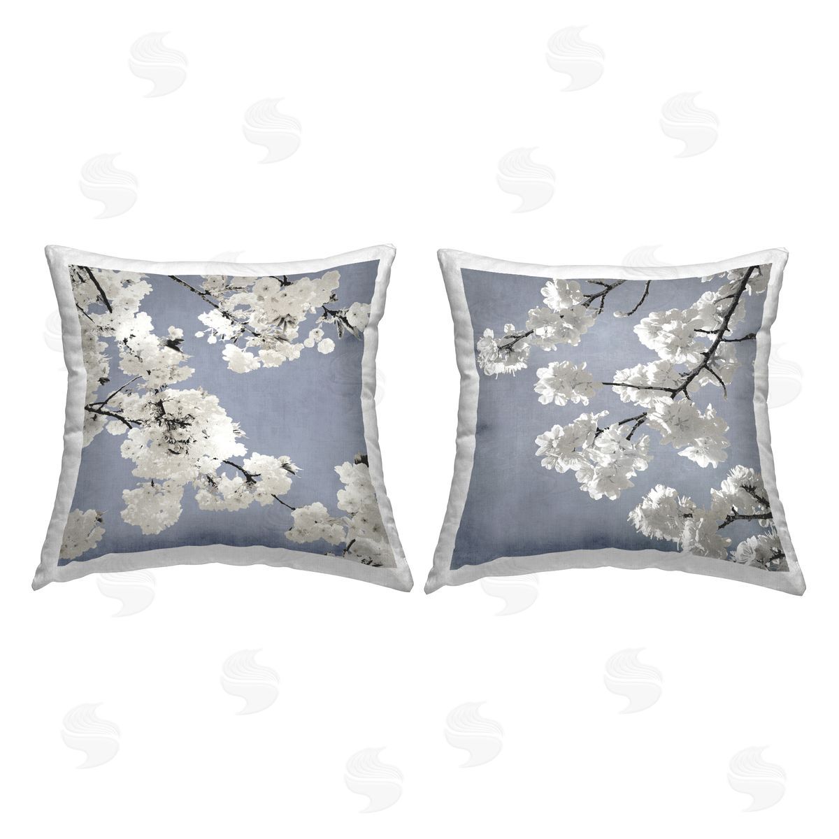White Cherry Blossom Tree Branches over Blue Decorative Printed Pillow, Home Decor by Kate Bennett