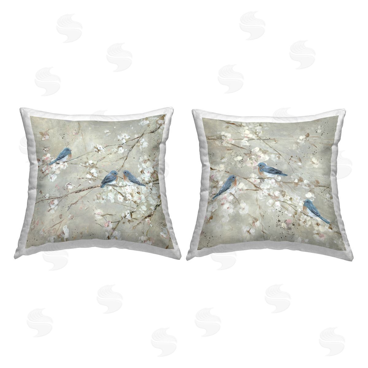 Blue Birds Perched Tree Blossoms Spring Scene Decorative Printed Pillow, Home Decor by Sally Swatland