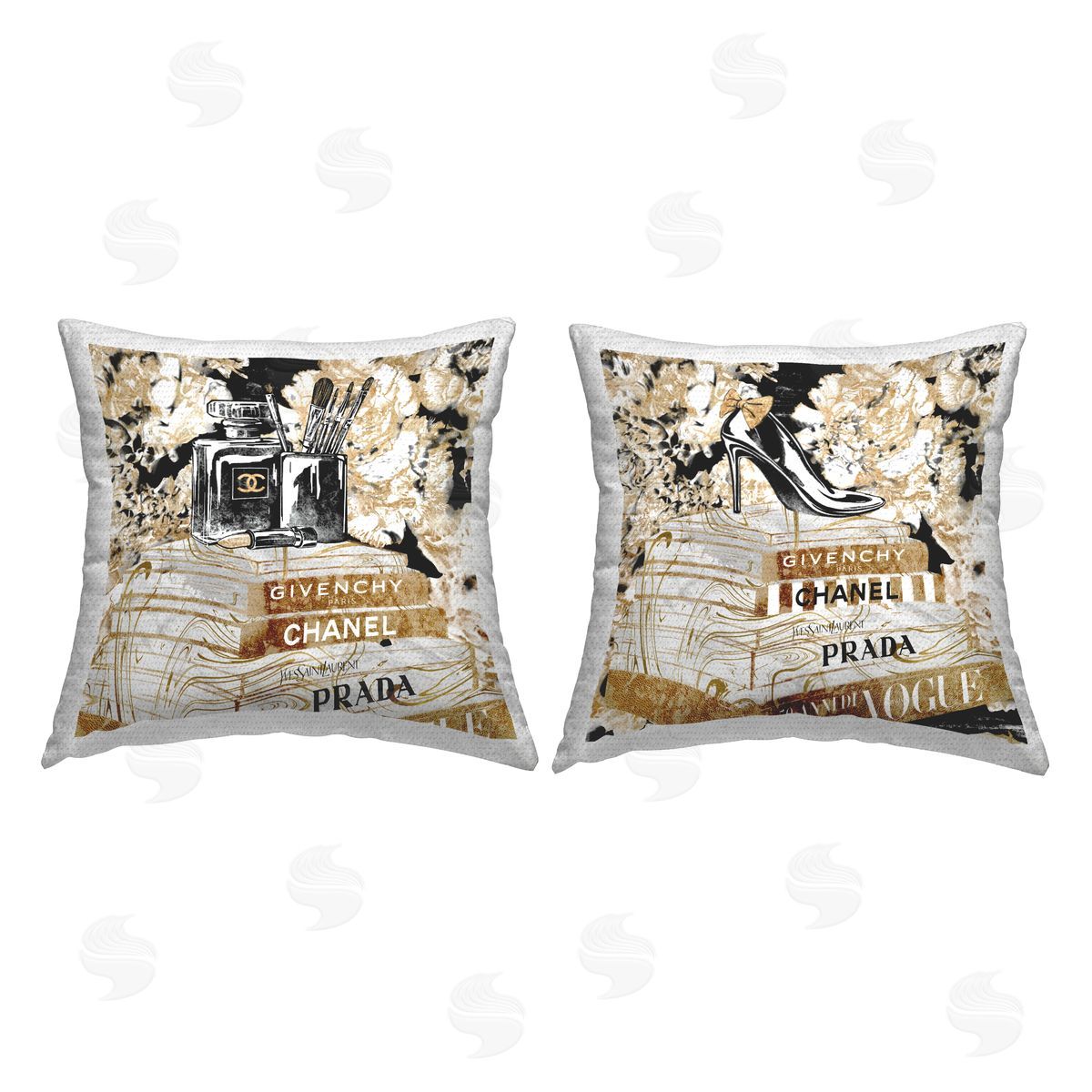 Glam Fashion Book Stacks Perfume Heel Printed Pillow Outdoor Printed Pillow, Home Decor by Ziwei Li