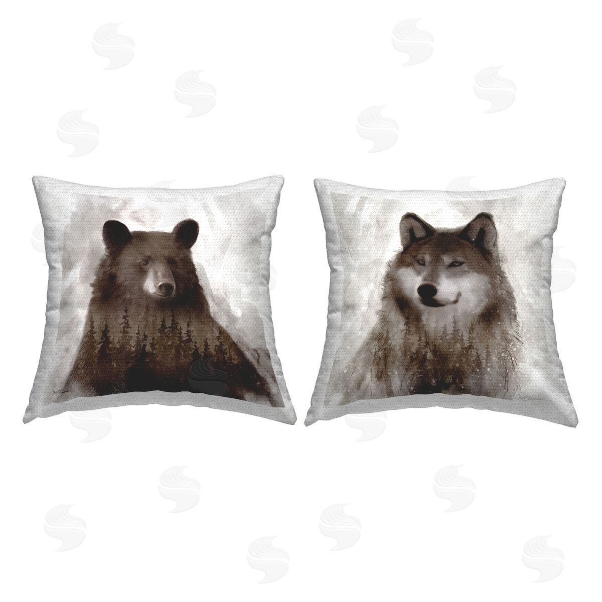 Rustic Bear and Wolf Portraits Abstract Forest Outdoor Printed Pillow, Home Decor by Carol Robinson