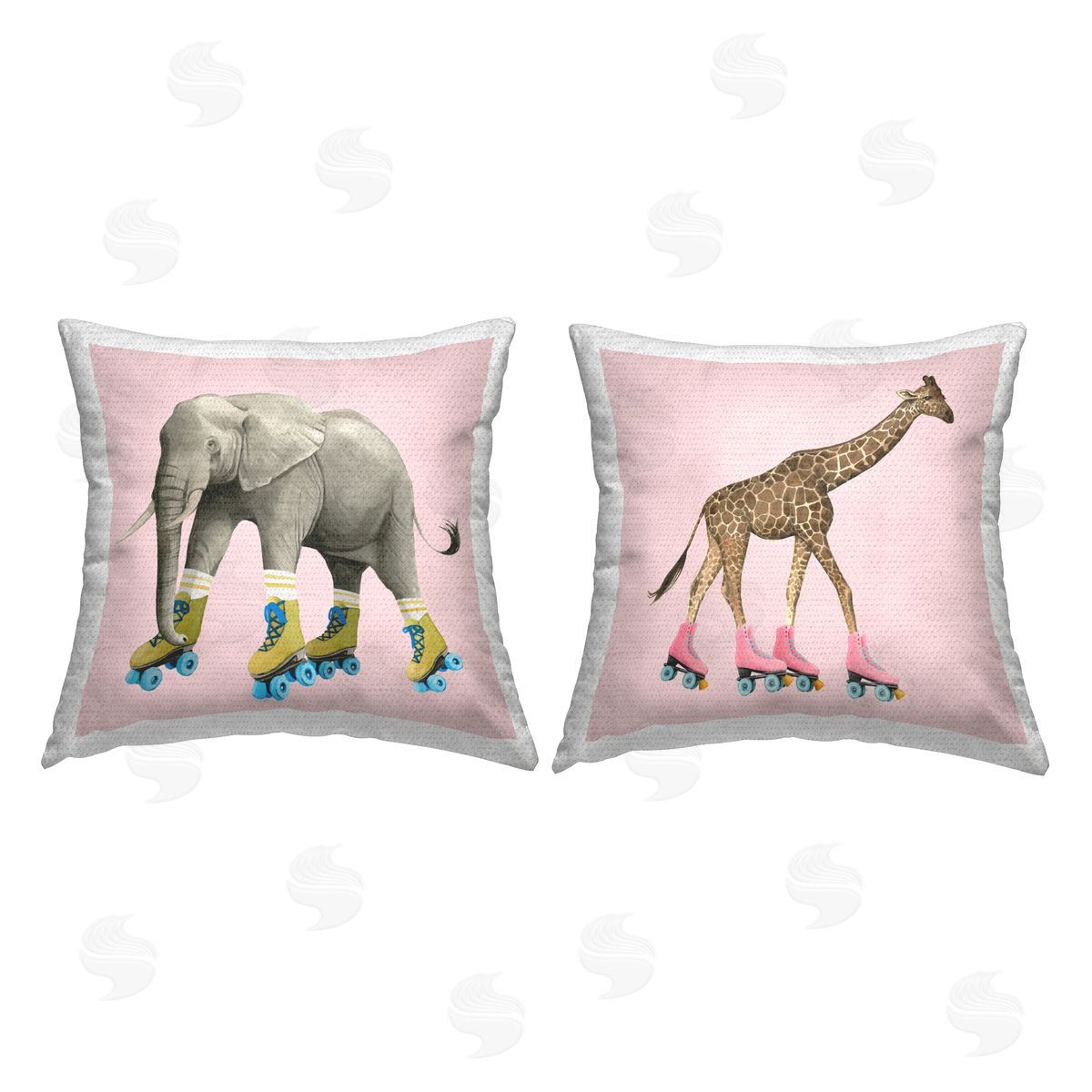 Elephant and Giraffe Roller Skating Retro Pink Outdoor Printed Pillow, Home Decor by Grace Popp